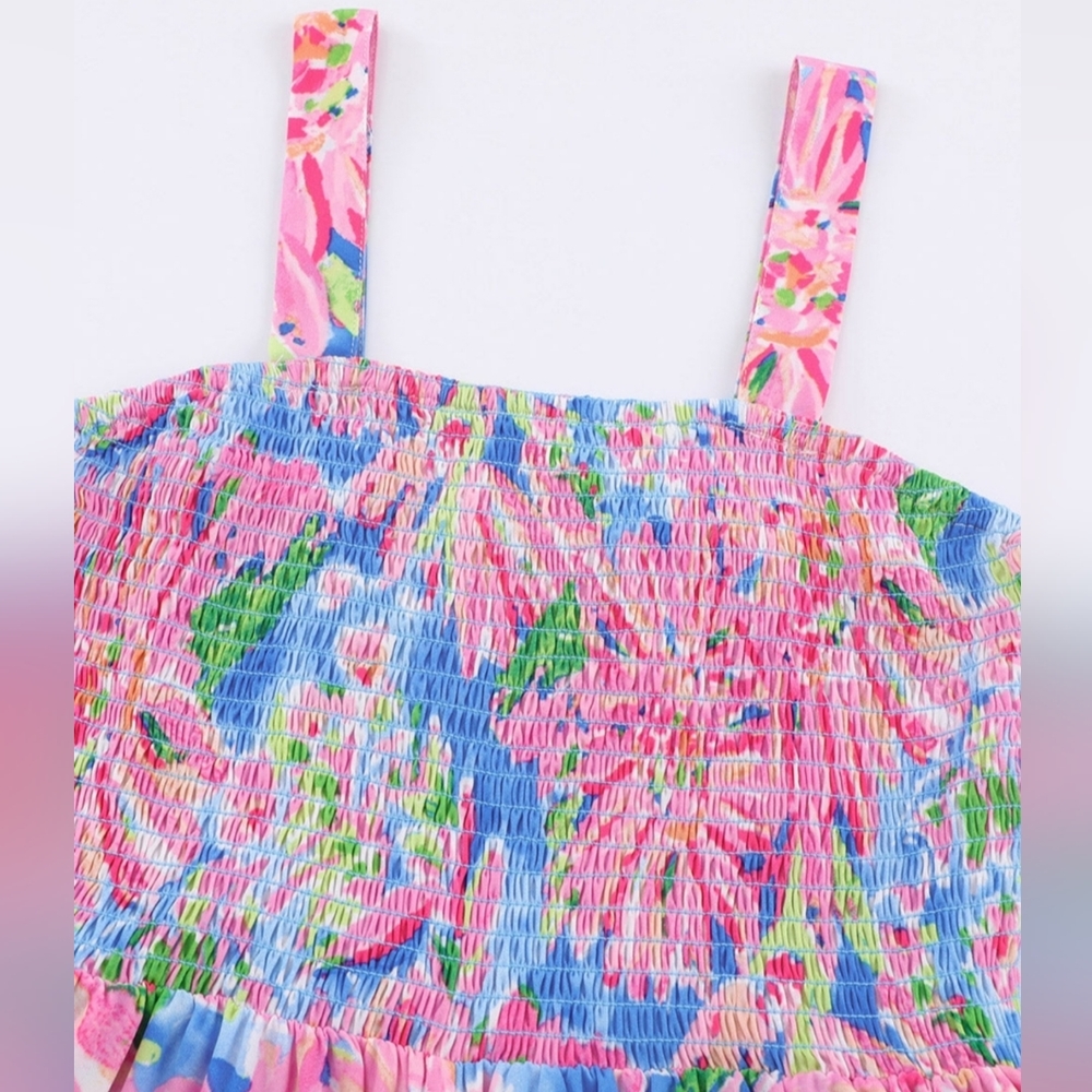 Palm Beach Floral Smock Sleeveless Wide Leg One Piece Pocket Pant Jumpsuit Pink - Picture 7 of 12